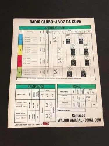 Antiga Tabela De Jogos Copa Do Mundo 1982 Radio Globo