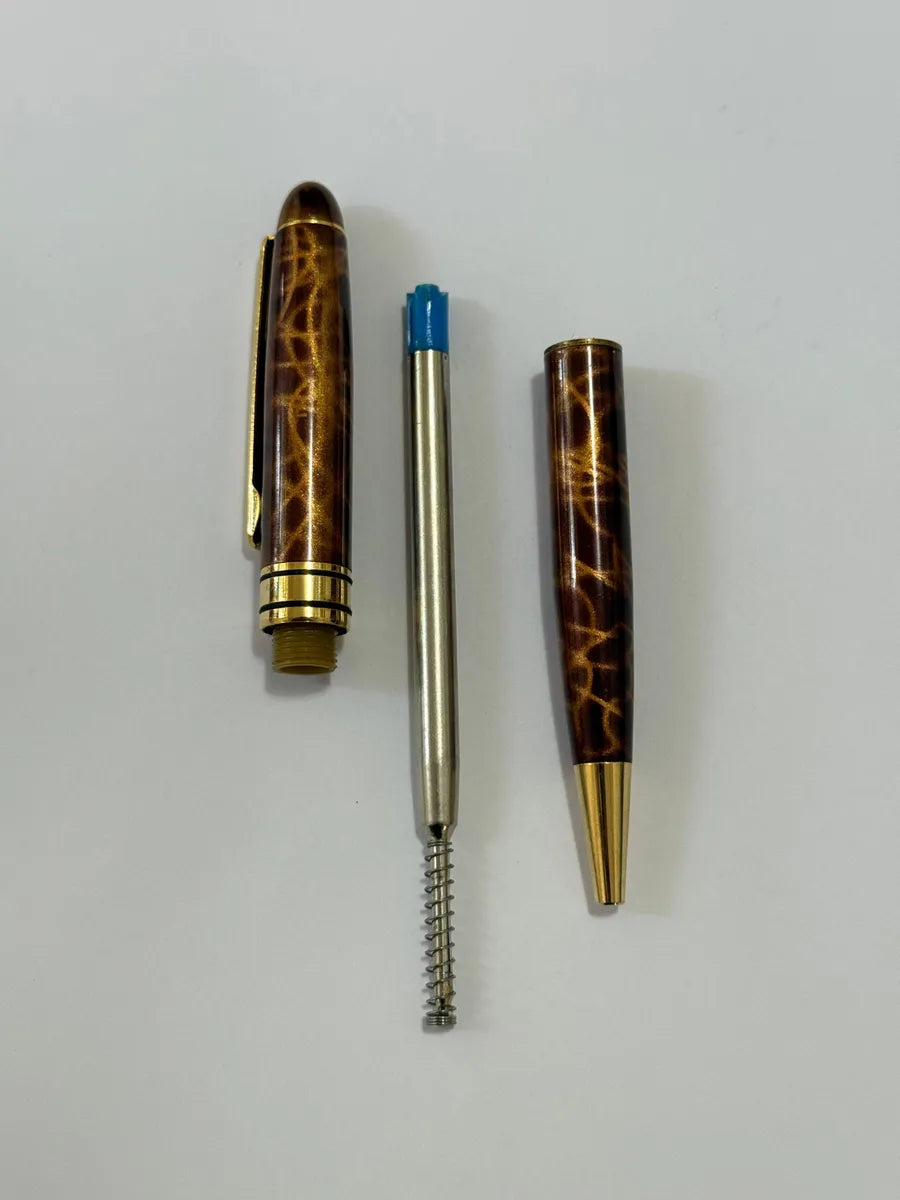 Caneta Antiga Marrom Marmorizada Com Detalhes Dourados