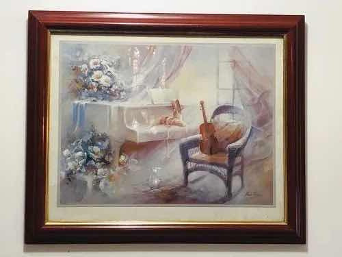 Quadro Antigo Paisagem Piano Violino Musical Assi Hub Peters