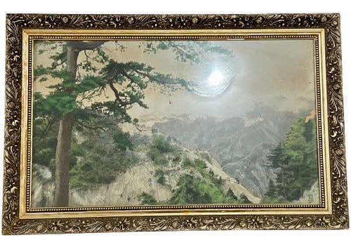 Quadro Antigo Pintura Floresta Montanhas Bela Moldura