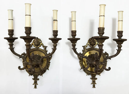 Arandelas Antigas Em Bronze 3 Braços Estilo Luís Xv Par