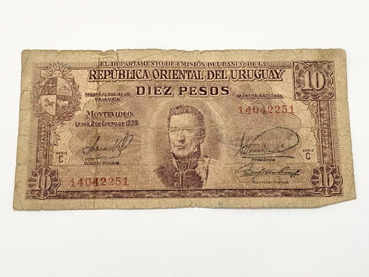 Cédula Antiga 1939 Uruguai 10 Diez Pesos Serie C