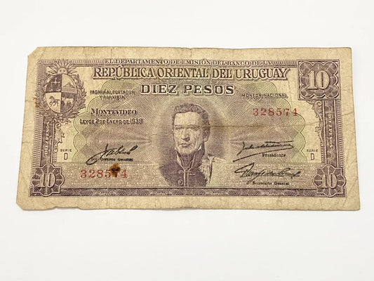 Cédula Antiga Uruguai 1939 10 Pesos Serie D