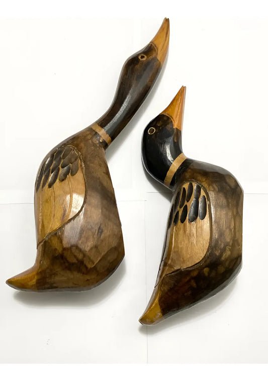 Par De Patos Em Madeira Esculpida À Mão - Antigas Esculturas