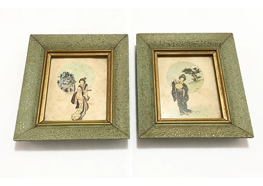 Quadros Japoneses Antigos Gueixas - Par Colorido Verde