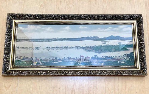 Antigo Quadro Pintura Paisagem Lagoa Cidade Com Bela Moldura